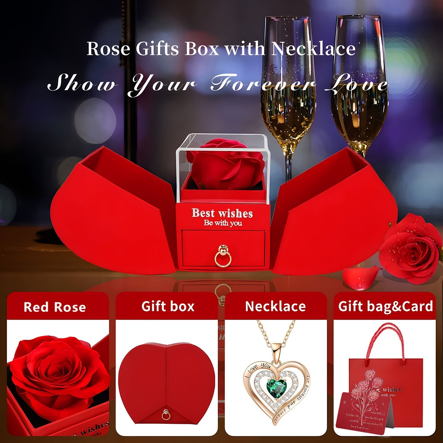 Red Rose & Green Necklace Gift Box