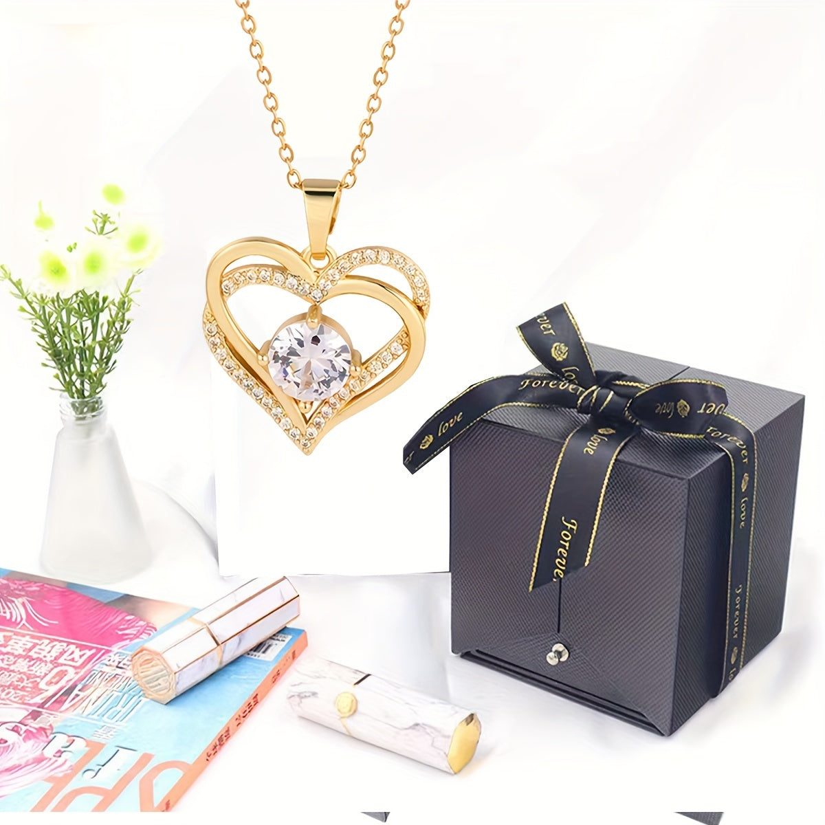 Double Heart Pendant Necklace Gift Box